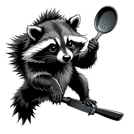 tactical raccoon holding frying pan flying tattoo design idea
