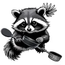 tactical raccoon holding frying pan flying tattoo design idea