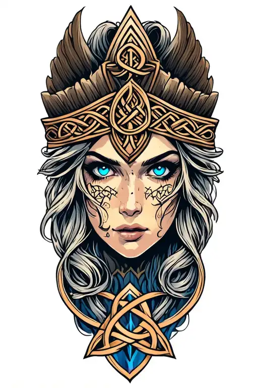 Valkyrie with blue eyes on tattoo design featuring Celtic trinity knot  tattoo design idea