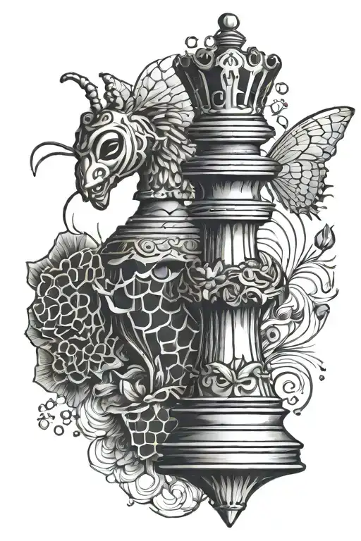 king chess piece with honeycomb and bees flying tattoo design idea