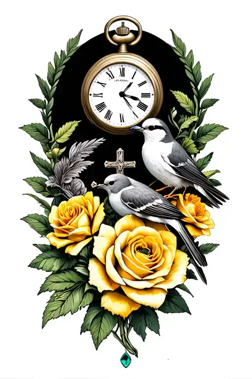 wild flowers, yellow roses, pocket watch, cross, bird , green emerald tattoo design idea