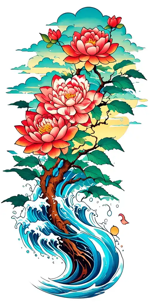 jaoanese pattern, tree, splash, water, waves, lotus, sakura, clouds, whirlpool, leaves, peony, sunset tattoo design idea