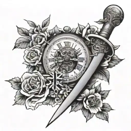 A sword surrounded by flowers with a clock face, and a black and white Union Jack  tattoo design idea