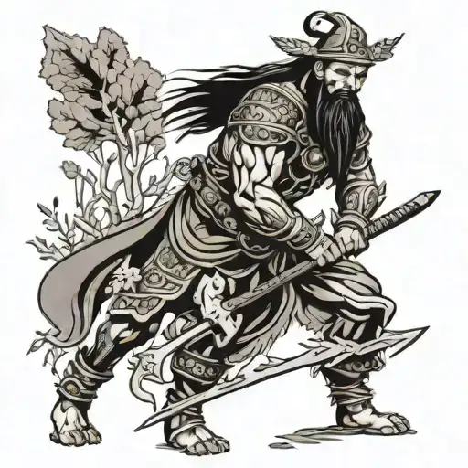 Black and white tattoo. Ancient Chingis Khan's warrior without his armor but holding a shovel to plant trees. tattoo design idea