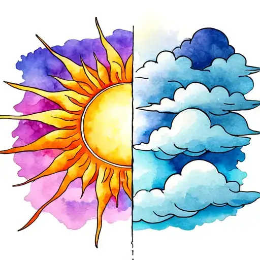 One half is a sun with rays only and The other half is clouds only tattoo design idea