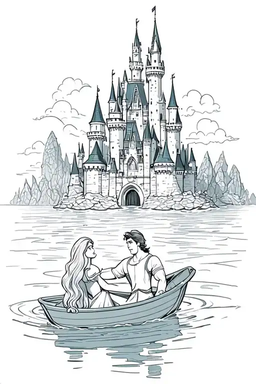 disney castle with rapunzel and guy on the water in a boat tattoo design idea