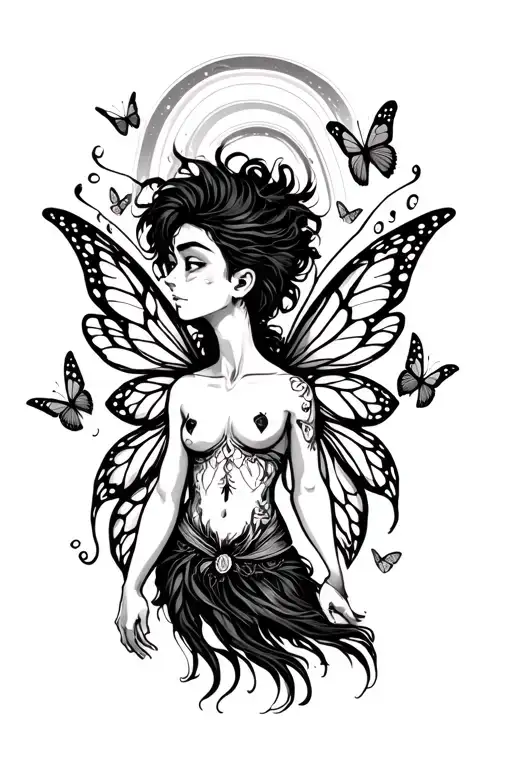 sexy adult male faery cartoon , playful, magical. Around him are butterflies, rainbows. tattoo design idea