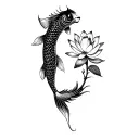 Vertical integration of a lion-eye, a koi fish, and a lotus flower. tattoo design idea