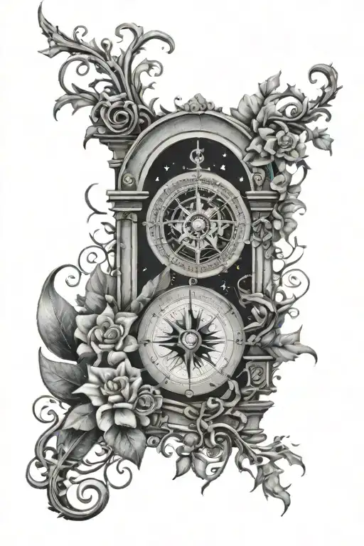 Arch monument with wrapping vines, compass points inside the arch and stary space in the background. tattoo design idea