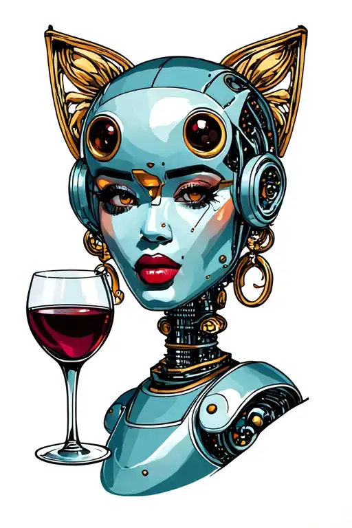 Beyonce renaissance robot with a glass of red wine tattoo design idea