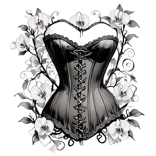 vintage corset, surrounded by orchid flowers and swirly vines. traditional grunge style tattoo design idea