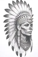 aztec warrior girl, skeletal fierce face, crown skull, geometric patterns feathers, spirituality, afterlife, death tattoo design idea