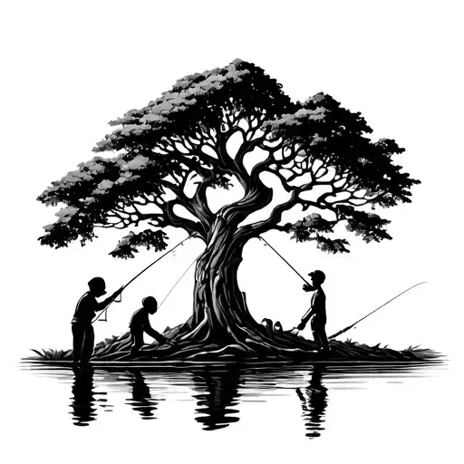 dad fishing with 2 sons at the tree of life tattoo design idea