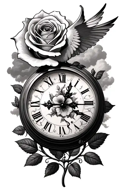 alfredo in cursive a realistic rose a clock with roman numers with an eye a dove and background of clouds tattoo design idea