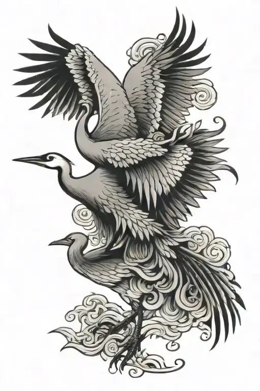Japanese, ornamental crane flying tattoo design idea