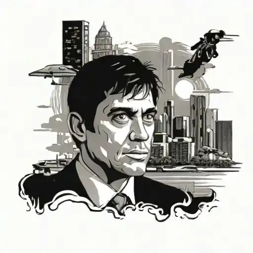 Scarface with miami skyline inside tattoo design idea