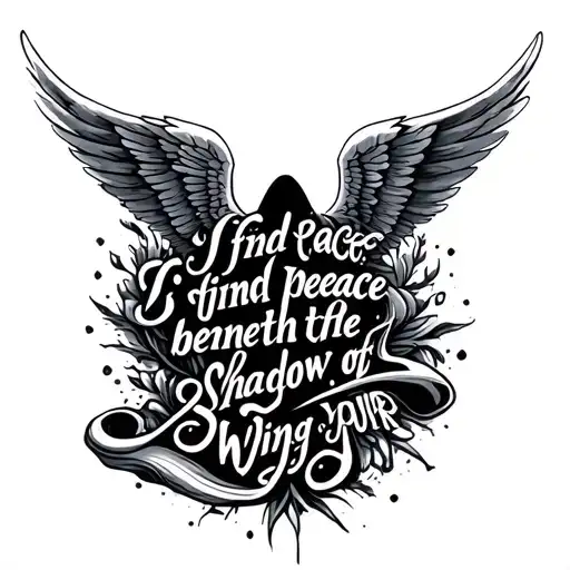 "I find peace beneath the shadow of your wings" with wings tattoo design idea