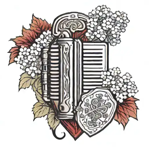 Accordion in ruby ​​red surrounded by hydrangeas in the colours of Italy and a shield of a knight standing against it tattoo design idea