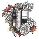 Accordion in ruby ​​red surrounded by hydrangeas in the colours of Italy and a shield of a knight standing against it tattoo design idea