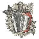 Accordion in ruby ​​red surrounded by hydrangeas in the colours of Italy and a shield of a knight standing against it tattoo design idea