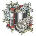Accordion in ruby ​​red surrounded by hydrangeas in the colours of Italy and a shield of a knight standing against it tattoo design idea
