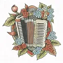 Accordion in ruby ​​red surrounded by hydrangeas in the colours of Italy and a shield of a knight standing against it tattoo design idea