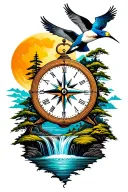 compass clock sun moon mountain waterfall trees rice terrace ocean birds tattoo design idea