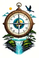 compass clock sun moon mountain waterfall trees rice terrace ocean birds tattoo design idea