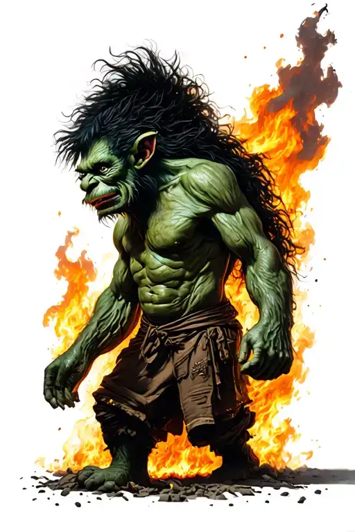 troll walking out of a burning crumbling City on fire tattoo design idea