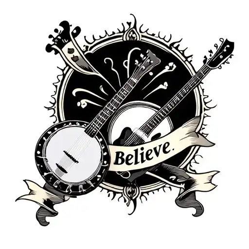 banjo and mandolin with a banner that says "believe" tattoo design idea