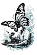 A technicien working on a mechanical butterfly with musical gears and ocean waves in the background tattoo design idea