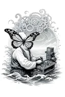 A technicien working on a mechanical butterfly with musical gears and ocean waves in the background tattoo design idea