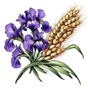 Iris lilac wheat bouquet fine line tattoo design idea