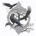 yggdrasil huginn & muninn with the realms tattoo design idea
