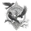 yggdrasil huginn & muninn with the realms tattoo design idea