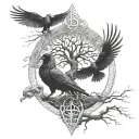 yggdrasil huginn & muninn with the realms tattoo design idea
