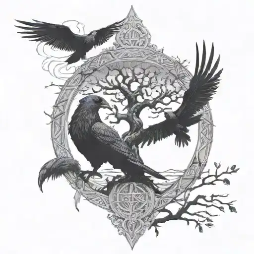 yggdrasil huginn & muninn with the realms tattoo design idea