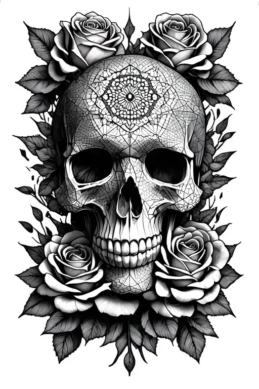 skull surrounded by roses with a very geometric mandala background tattoo design idea