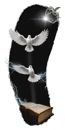 A symbolic tattoo of the Holy Spirit represented as a dove flying out of an open Bible, with rays of light shining through the pages tattoo design idea