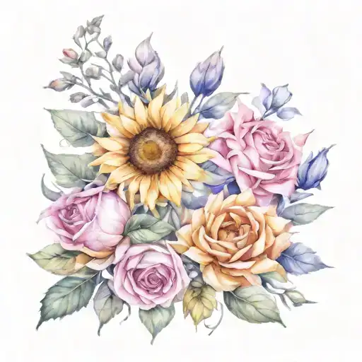 sunflowers, roses, lavenders and calendula flowers tattoo design idea