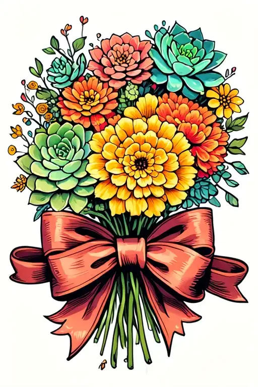 marigold flower bouquet bow of succulents tattoo design idea