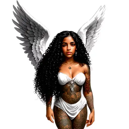beautiful curly hair tan skin Latina guardian angel with big wings tattoo design idea
