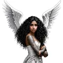 beautiful curly hair tan skin Latina guardian angel with big wings tattoo design idea