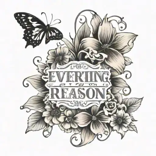 fine line tattoo with text that says everything happens for a reason flowers on a vine around the text with butterfly  tattoo design idea