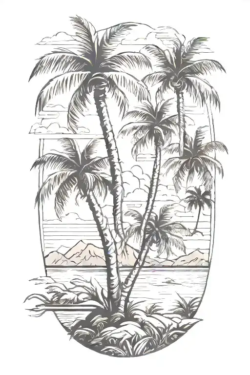 palm tree, island, grey fox tattoo design idea