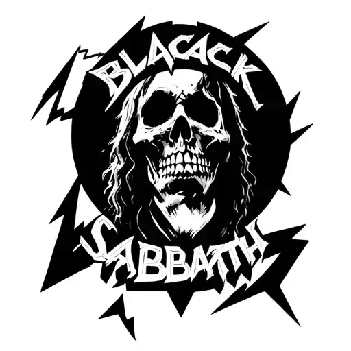 detailed Black Sabbath black, white and grey tattoo including the Black Sabbath symbol, realistic lightening bolts, fa tattoo design idea
