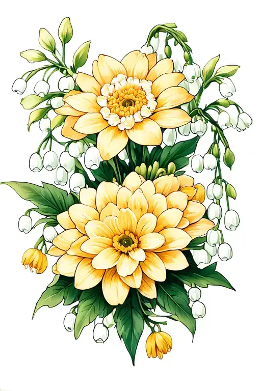 Chrysanthemum And Narcissus and Lily of the valley tattoo design idea