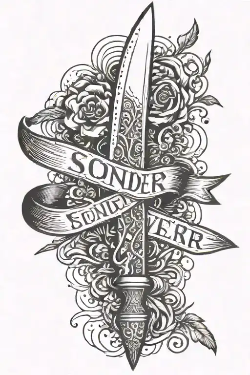 The word SONDER vertically with a chef knife going thru it vertical tattoo design idea
