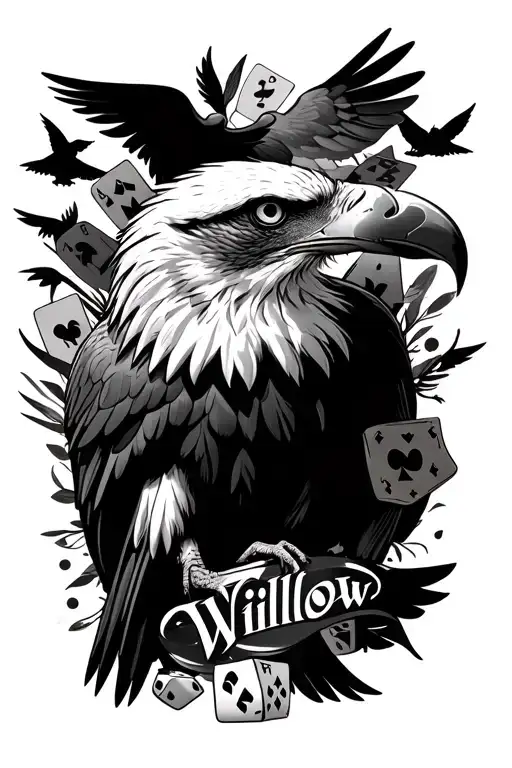 Eagle with “Willow” name in baby blacks surrounded by bird silhouettes and playing cards and dice tattoo design idea