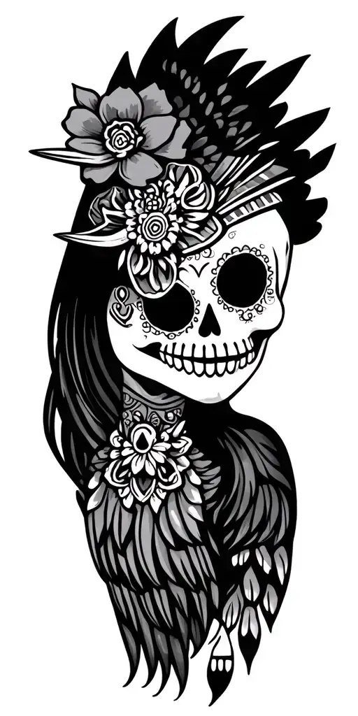 sugar skulls, zia, roadrunner, woman face, new mexico, scorpio tattoo design idea